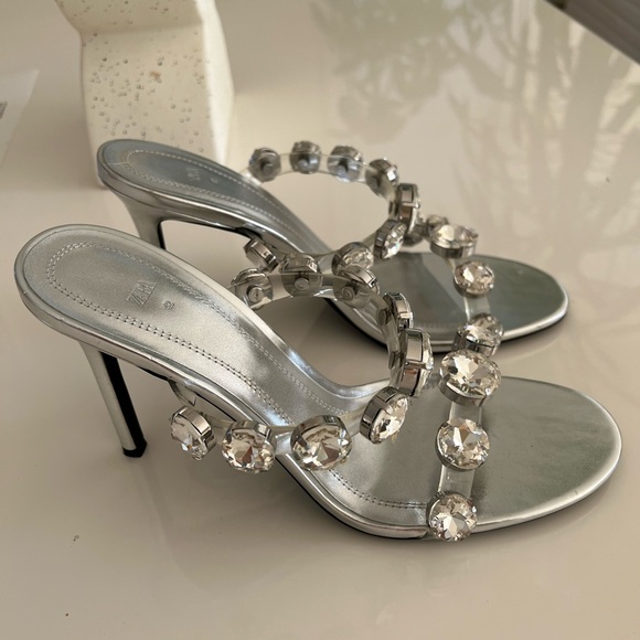 💎Zara Rhinestones Crystals Embellished Mules Silver Heels US Sz 11/ EU 42 - Picture 3 of 11